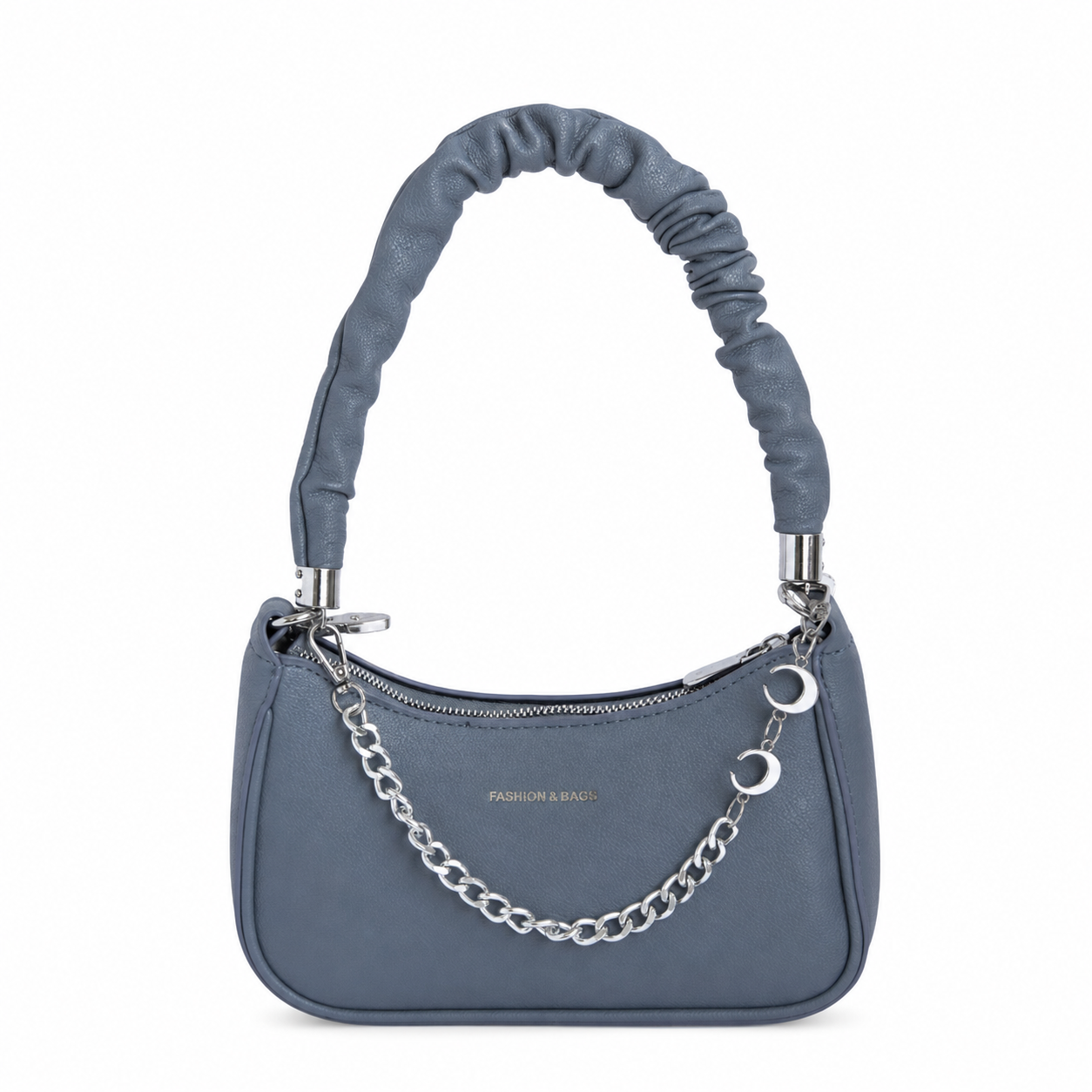 Bolso manos libres AURA azul con asa fruncida y cadena plateada - CALÉA