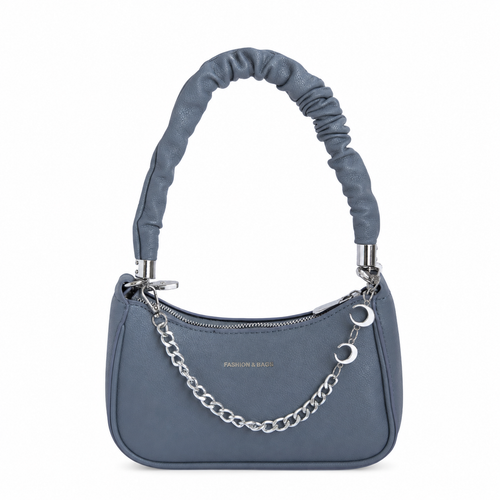 Bolso manos libres AURA azul con asa fruncida y cadena plateada - CALÉA