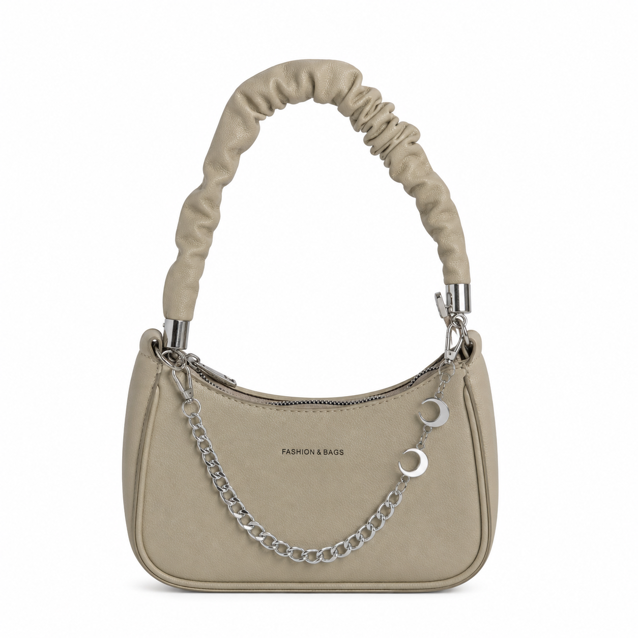 Bolso manos libres AURA beige con asa fruncida y cadena plateada - CALÉA