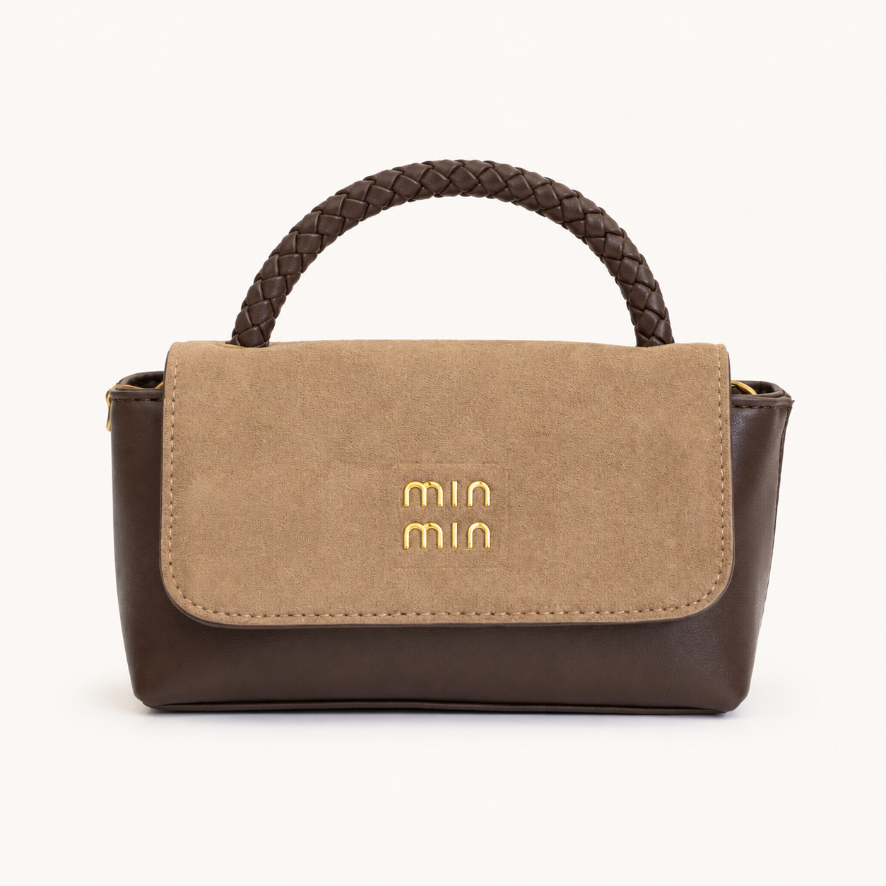 Mini baúl FALLON gamuza café beige con asa trenzada - CALÉA