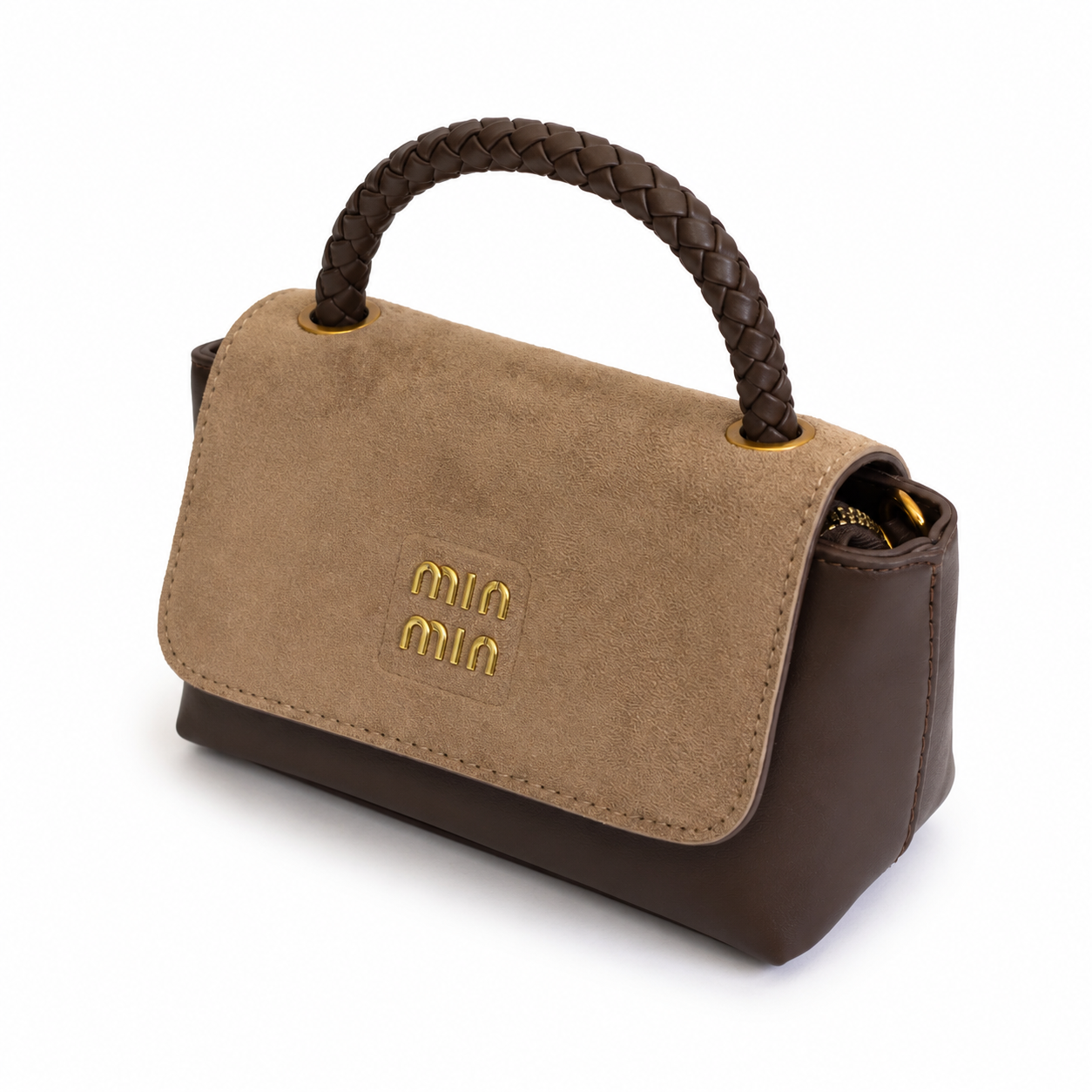 Mini bolso FALLON café beige vista lateral con solapa de gamuza - CALÉA