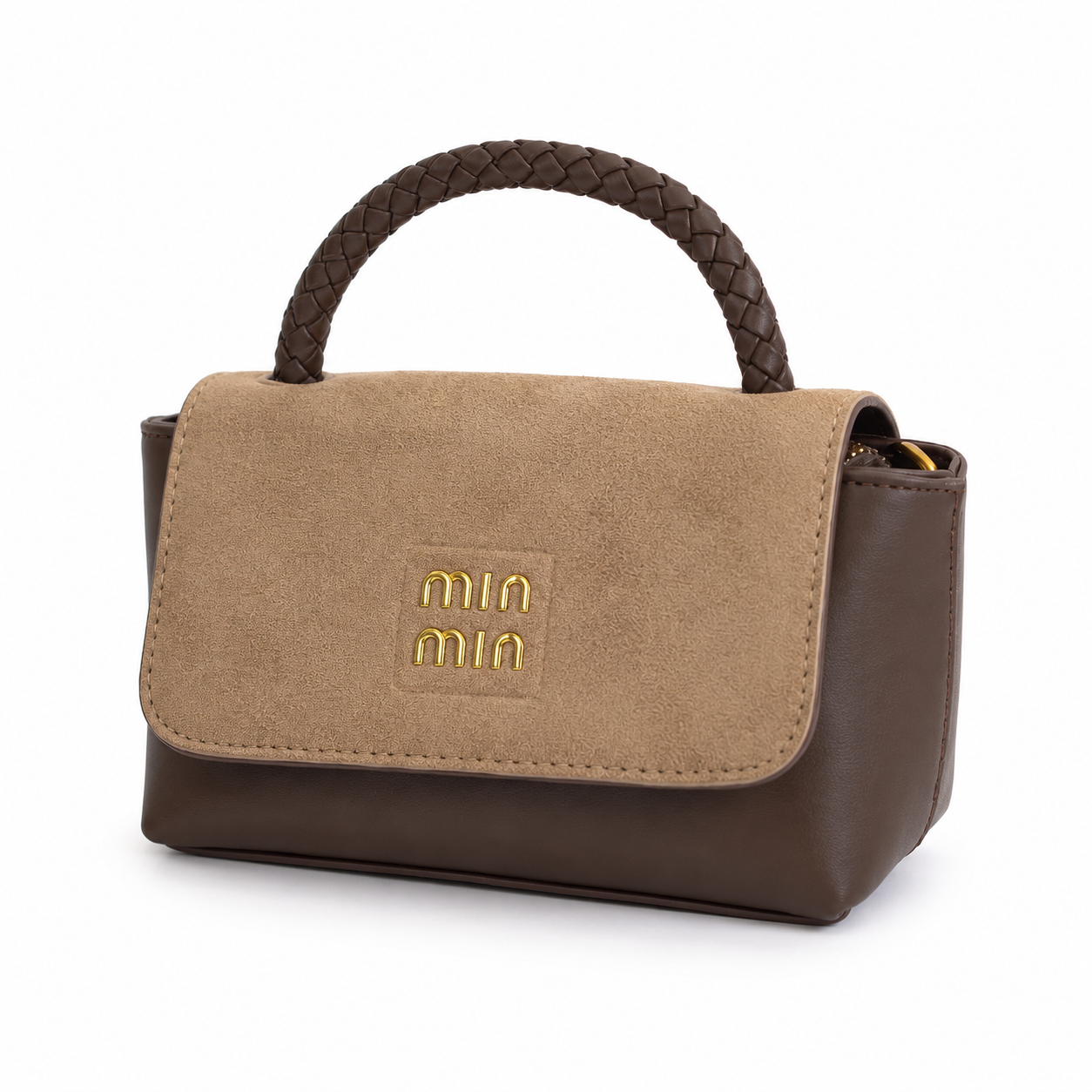 Mini baúl FALLON café beige con herrajes dorados vista angular - CALÉA