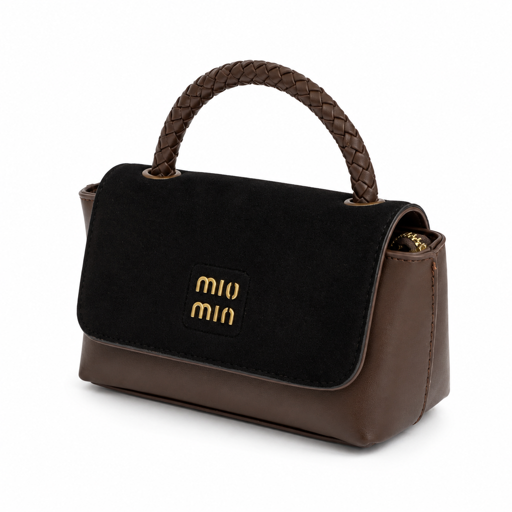 Mini bolso FALLON café negro vista lateral con solapa de gamuza - CALÉA