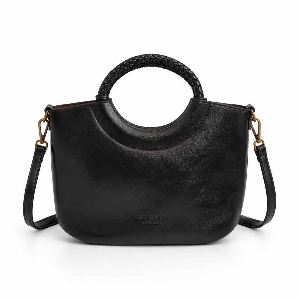 Bolso de mano FRANCESCA negro con asa trenzada y herrajes dorados - CALÉA