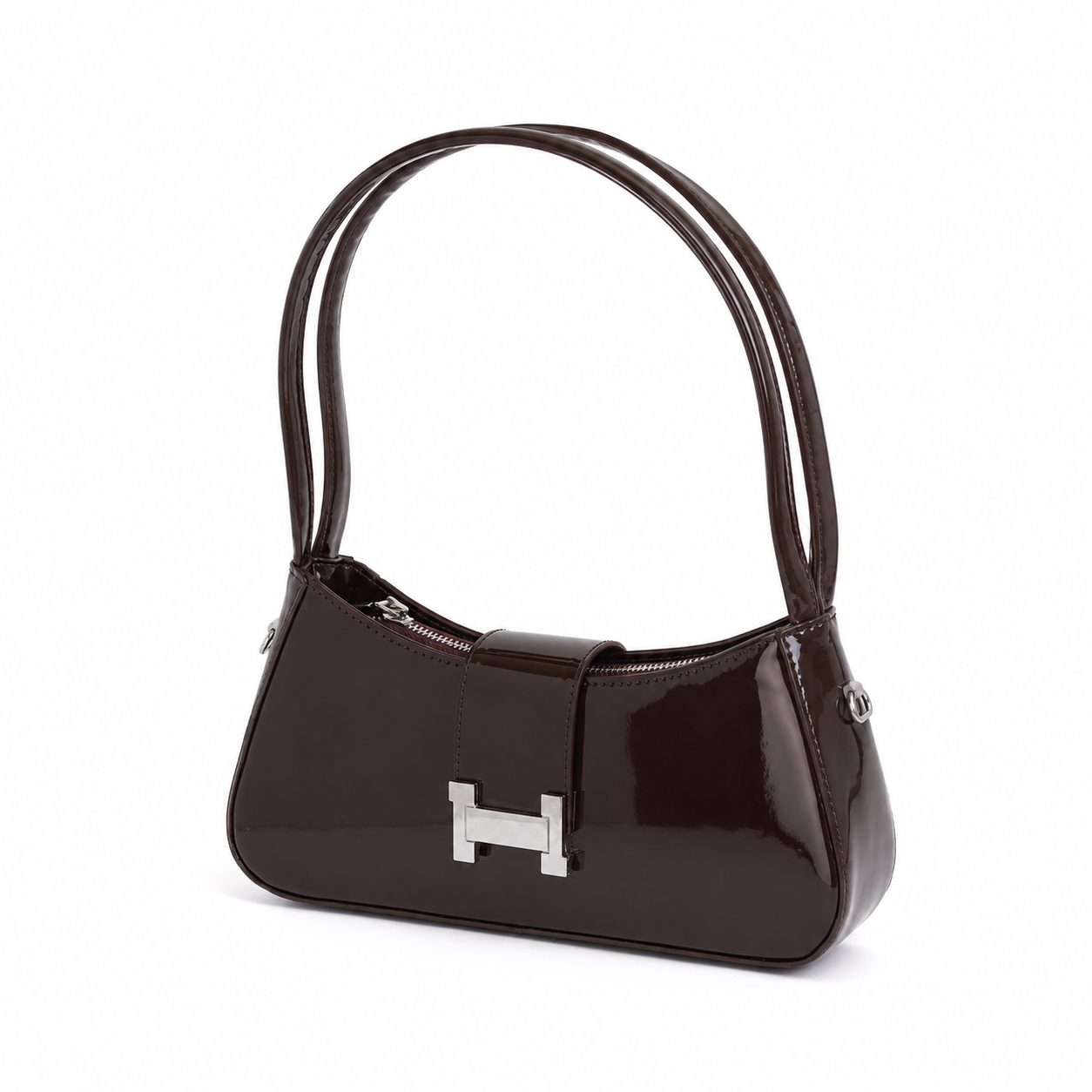 Bolso baguette GALA café chocolate en charol con broche plateado - CALÉA