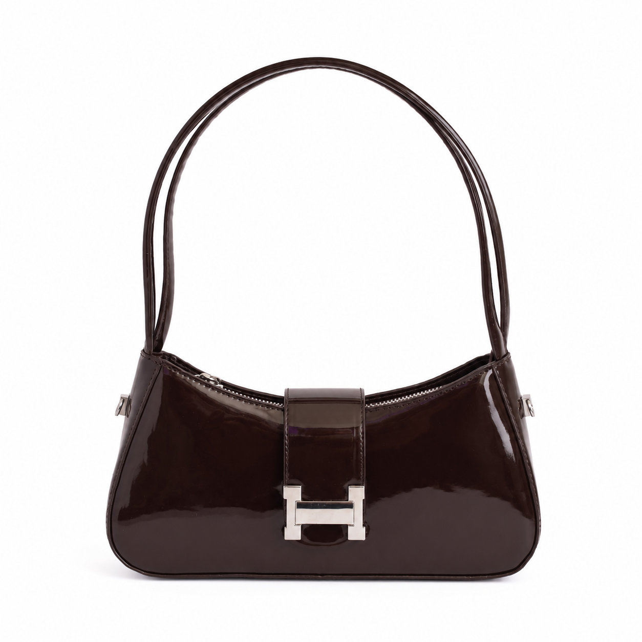 Bolso GALA café charol vista lateral con doble asa - CALÉA
