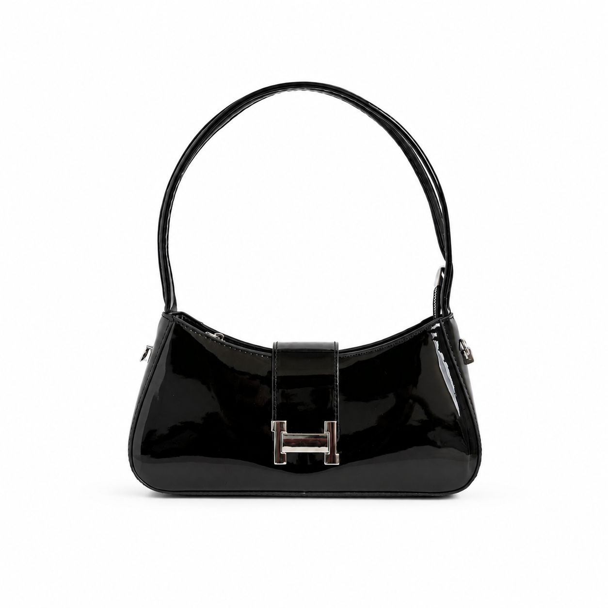 Bolso baguette GALA negro en charol con broche plateado - CALÉA