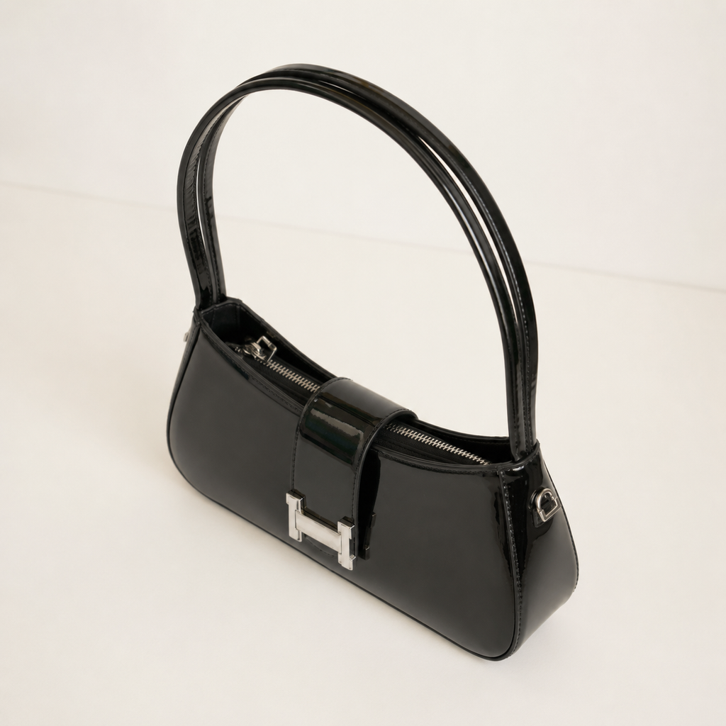 Bolso GALA negro charol vista lateral con doble asa - CALÉA