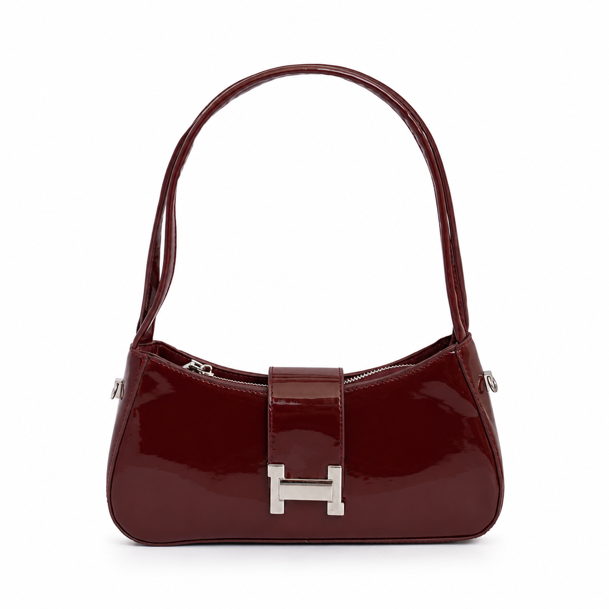 Bolso baguette GALA rojo vino en charol con broche plateado - CALÉA