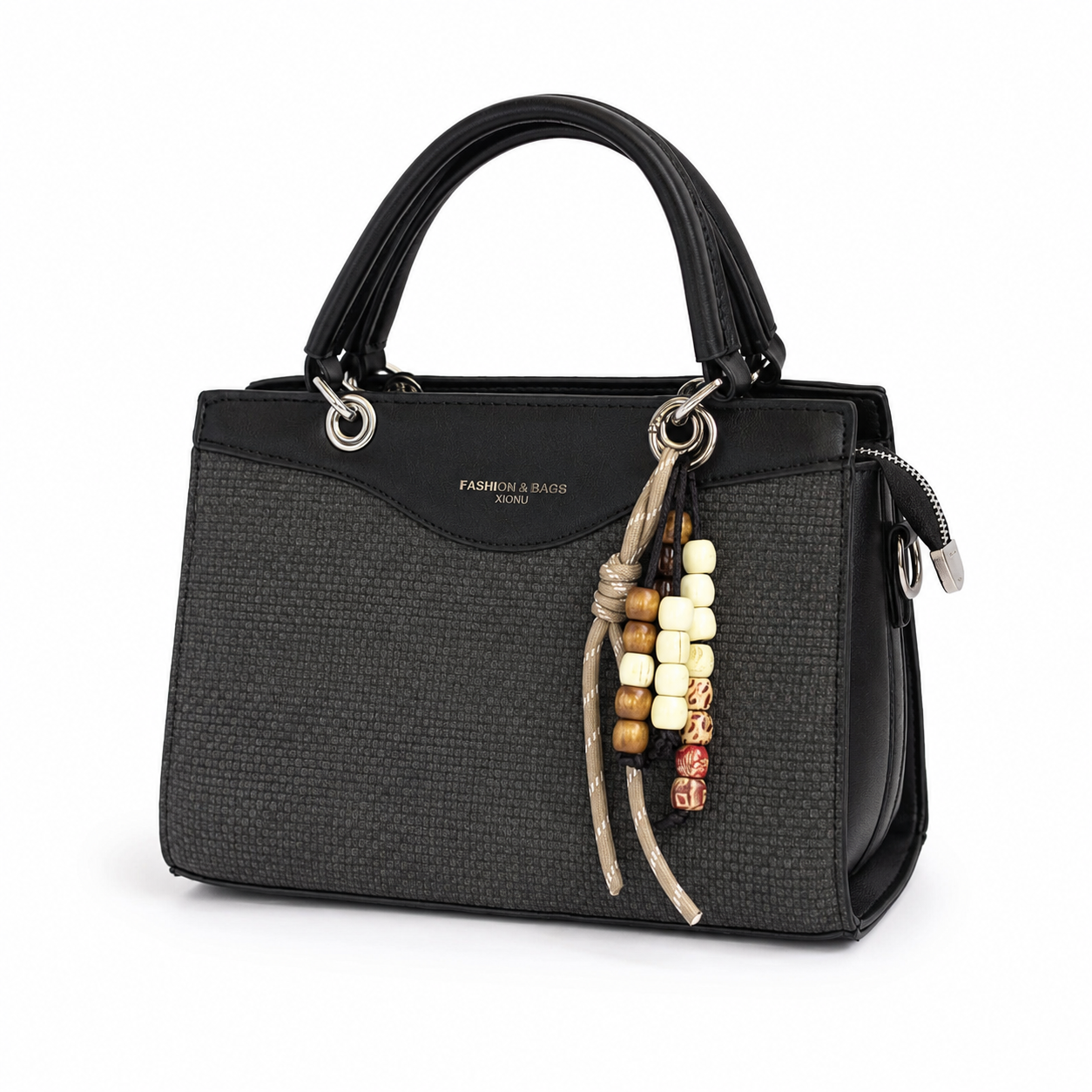 Bolso LUNA negro tejido corrugado vista lateral con doble asa - CALÉA