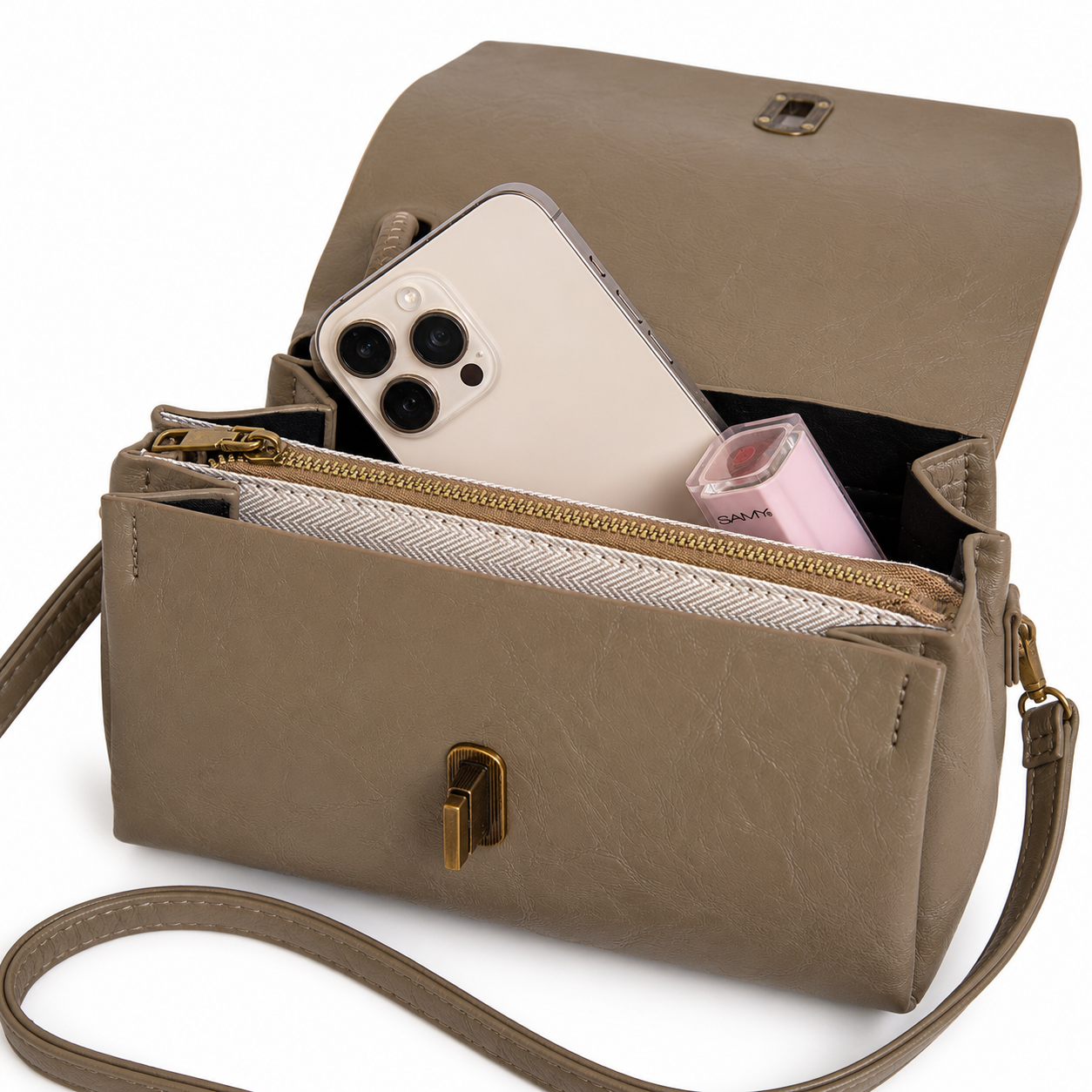Interior del bolso MARIANA caqui con espacio para celular y esenciales - CALÉA