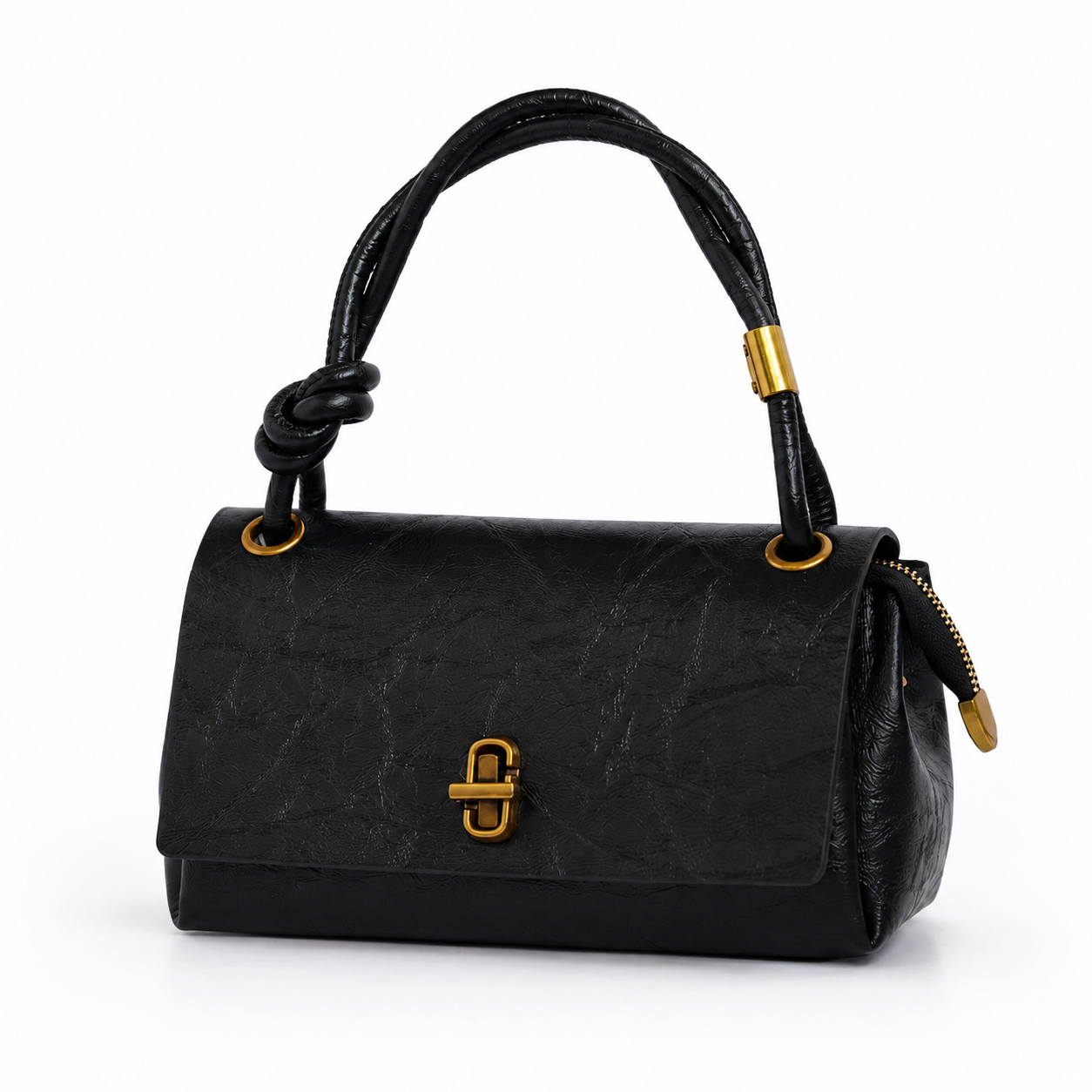 Bolso flap MARIANA negro con asa de nudo y herrajes dorados - CALÉA