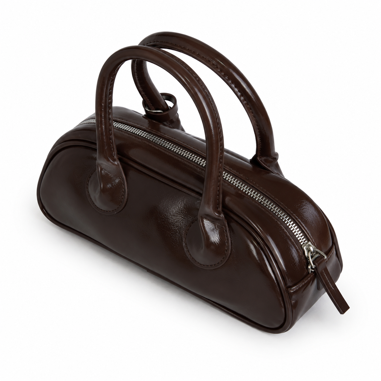 Mini bolso TATIANA café vista angular con acabado brillante - CALÉA