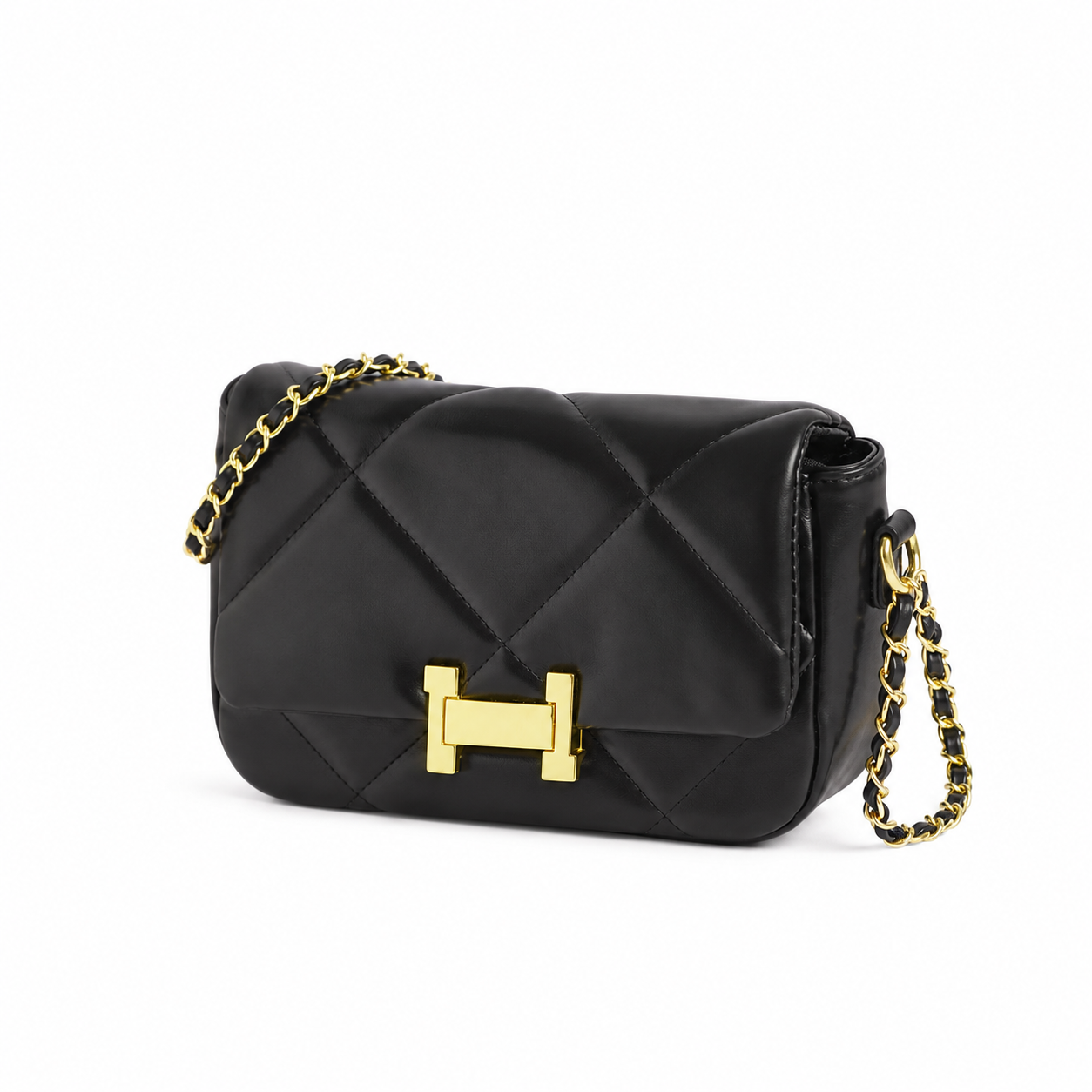 Bolso VELA negro acolchado vista angular con broche dorado - CALÉA