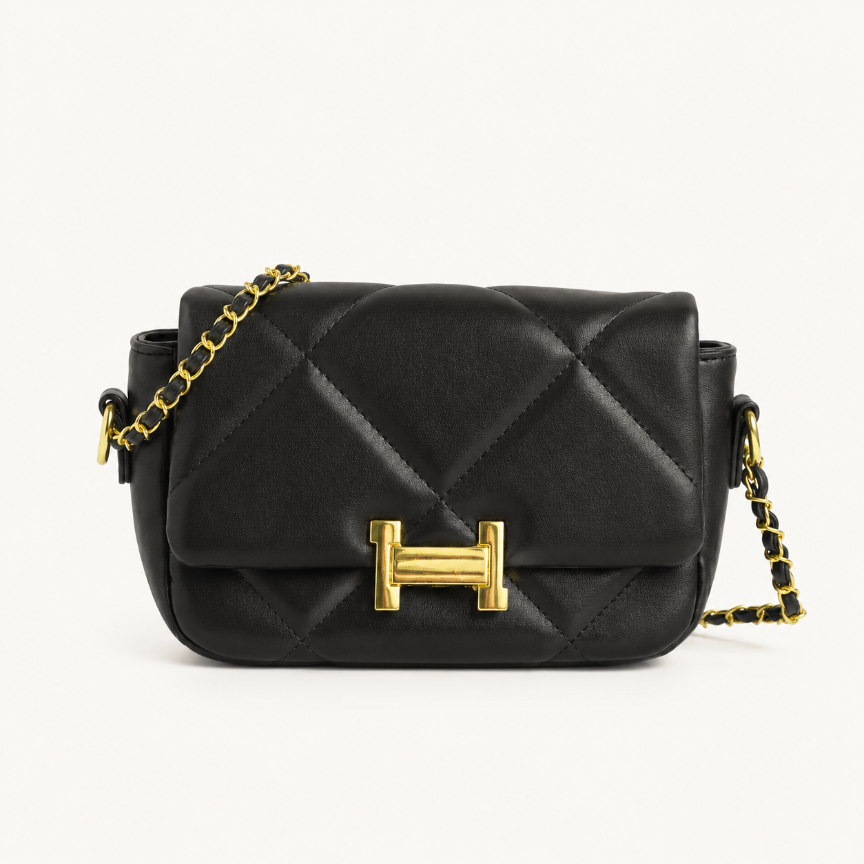 Bolso manos libres VELA negro con cadena entrelazada en cuero - CALÉA