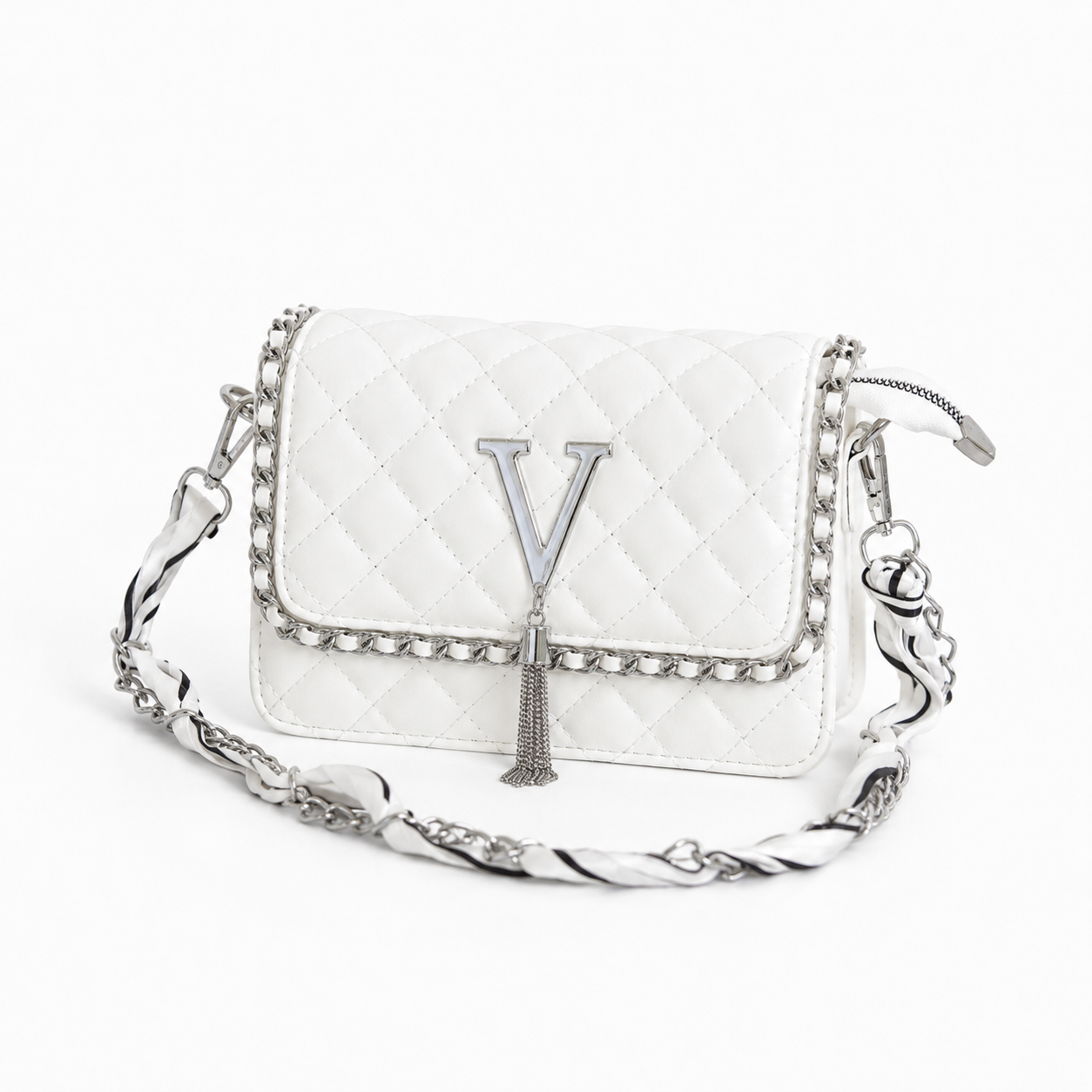 Bolso manos libres VITTA blanco acolchado con cadena y pañoleta - CALÉA