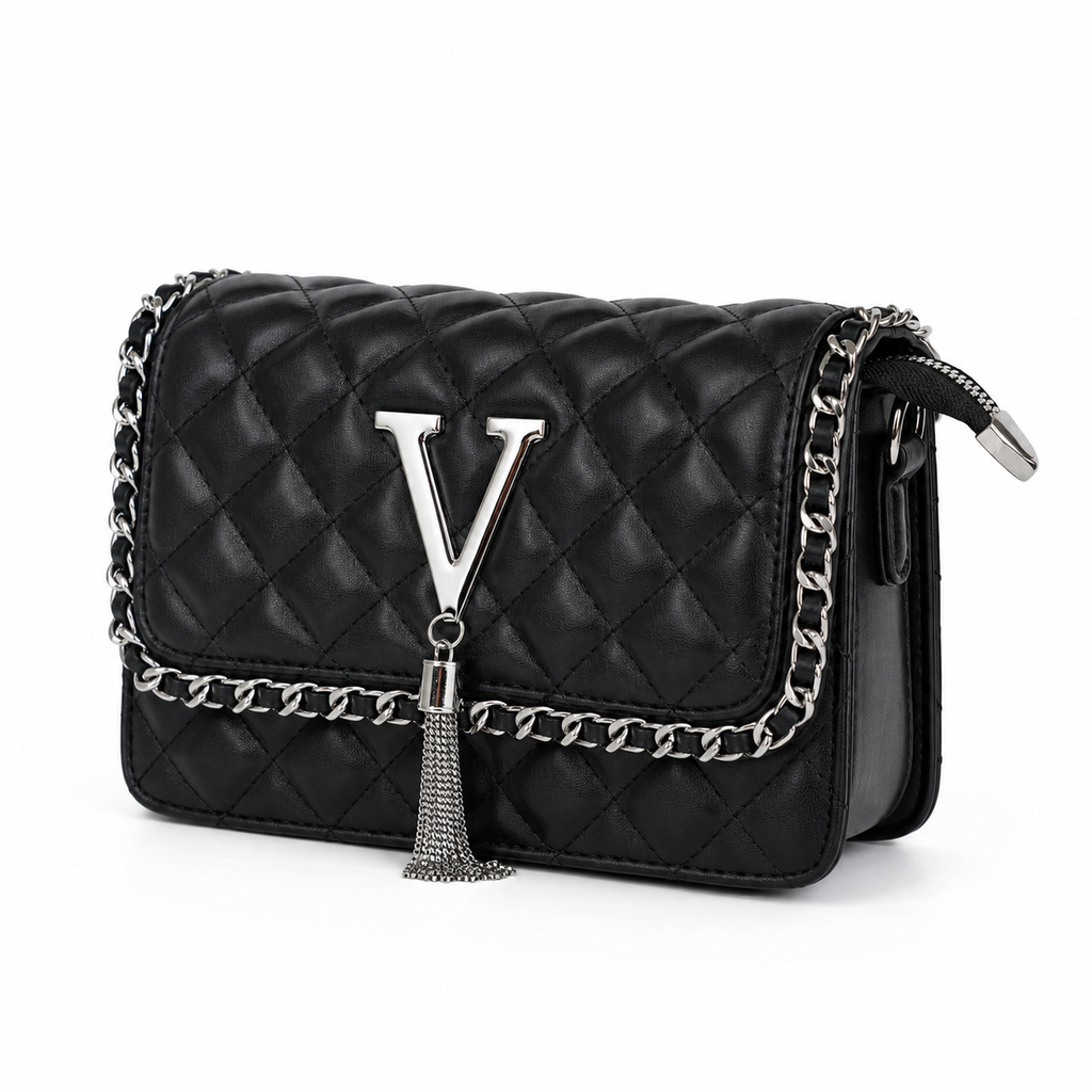Bolso manos libres VITTA negro con marco de cadena plateada - CALÉA