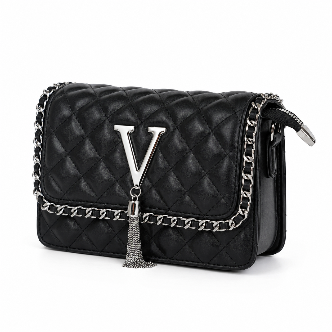 Bolso manos libres VITTA negro con marco de cadena plateada - CALÉA